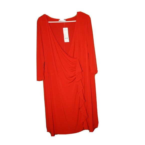 New York CollectionRed Side Gathered Knee Length Dress Sz 2X  3/4 Sleeve NWT - Picture 1 of 7